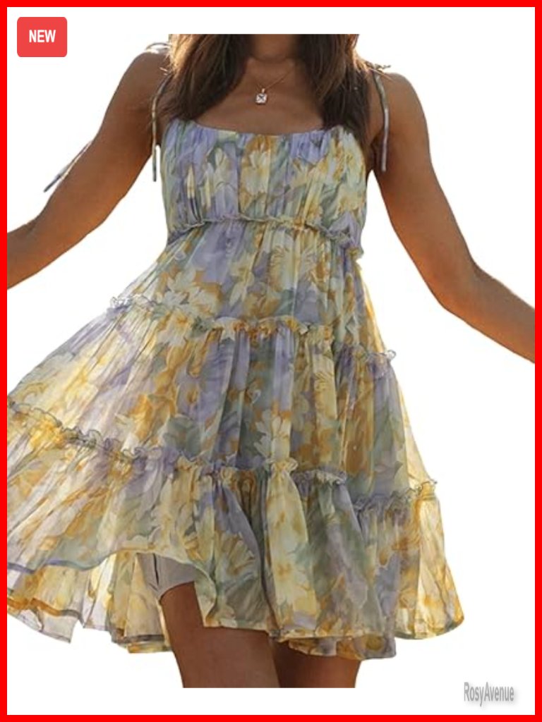 Floral Mini Dress Boho Flowy Ruffle Spaghetti Strap Sleeveless Skater Dress